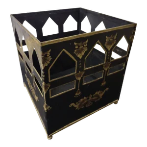 Large Square Black and Gold Painted Tole Cache Pot or Plant Holder