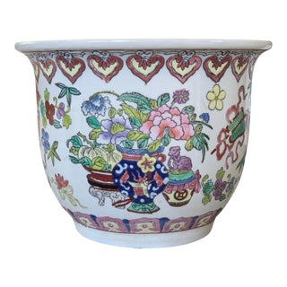 Vintage Chinoiserie Famille Rose Ceramic Cachepot Planter For Sale