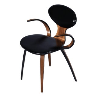 Norman Cherner Style Sculpted Bent Plywood Armchair With Black Cushions For Sale