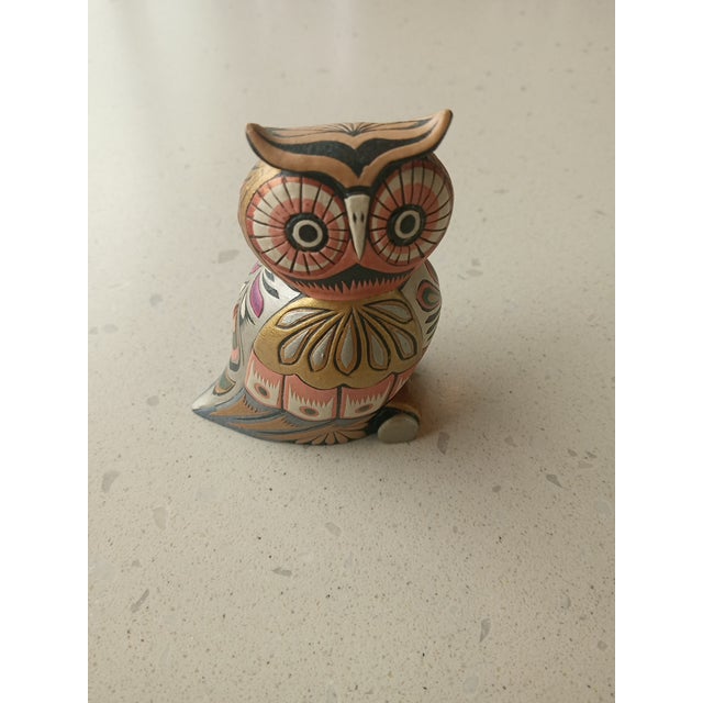 Folk Art Exquisite Tonala Mexican Folk Art Owl Figurine Gilted With Gold & Copper For Sale - Image 3 of 7