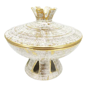 1990s Mid-Century Modern Royal Haeger Gold Tweed Flying Saucer Covered Dish