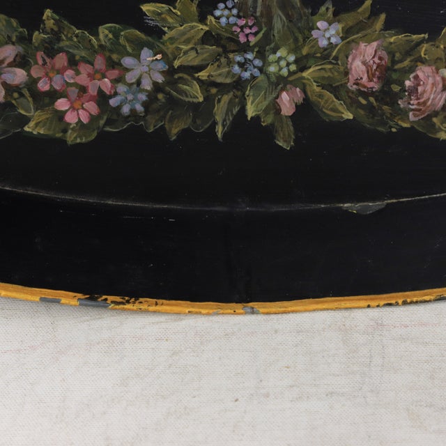 Vintage Hand Painted Tole Tray Black Lacquer With Classical Cameo Portrait and Golden Owl Motif For Sale - Image 16 of 18
