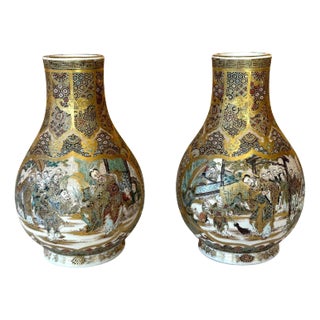 Pair of Fine Miniature Satsuma Vase with Moriage Enamel Decoration by Seikozan For Sale