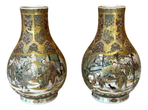 Pair of Fine Miniature Satsuma Vase with Moriage Enamel Decoration by Seikozan