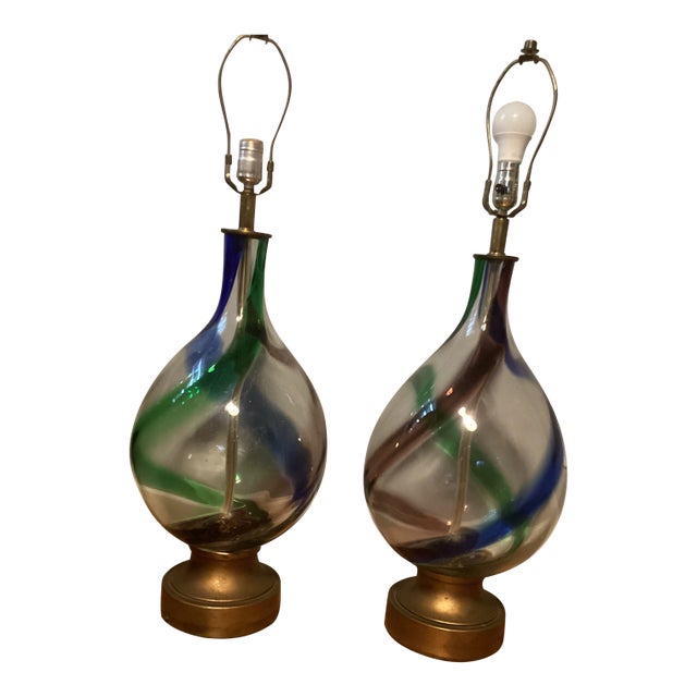 Vintage Murano by Seguso Pair of Swirled Glass Teardrop Table Lamps For Sale