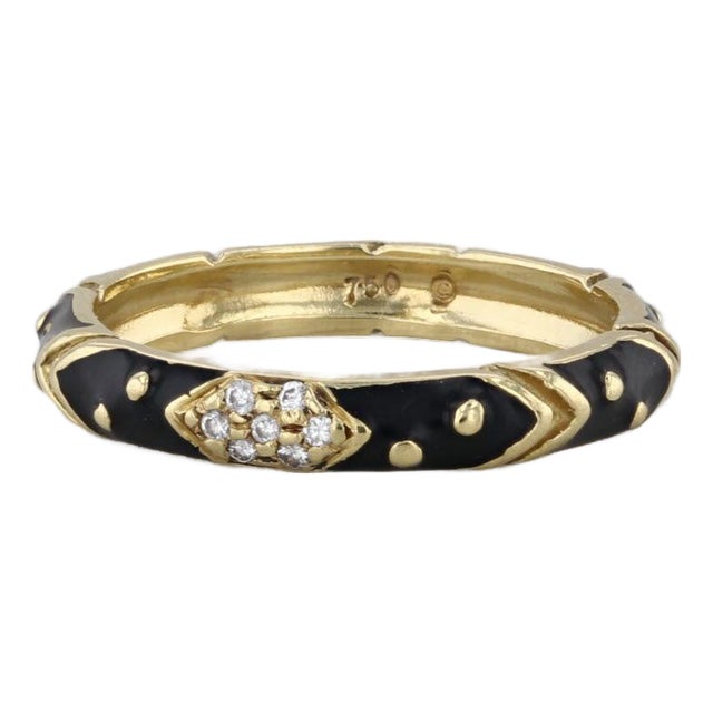 Mid 20th Century Hidalgo Diamond Enamel Band 18k Yellow Gold Size 6.25 Stackable Ring For Sale