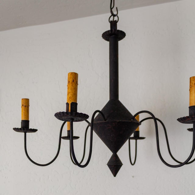 Black Tin Colonial Six Arm Chandelier in the Style of Richard D Scofield For Sale - Image 9 of 12