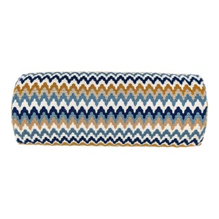 Scalamandre 21" x 7" Rainbow Mountain Crewel Bolster Pillow in Denim Gold For Sale