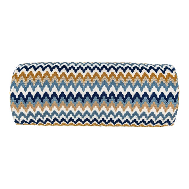 Scalamandre 21" x 7" Rainbow Mountain Crewel Bolster Pillow in Denim Gold For Sale