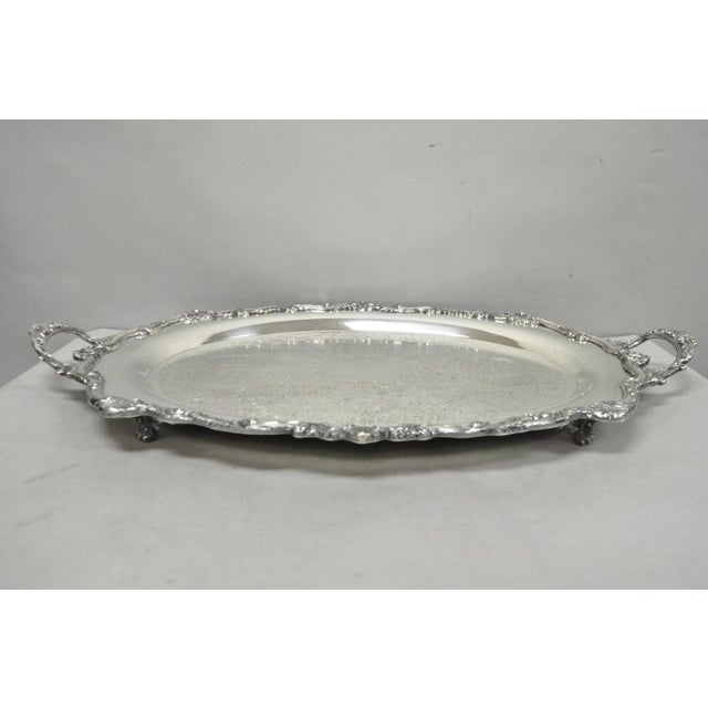 Victorian Vintage English Sheridan Silver Plated Large Oval Serving Platter Bar Tray For Sale - Image 3 of 14