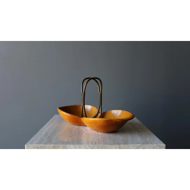 Aldo Tura Carved Walnut Wood & Brass Bowl for Macabo, Italy, C.1970 For Sale - Image 10 of 12
