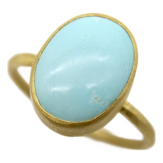 24k Gold Handmade Robin’s Egg Blue Persian Turquoise Cabochon Ring, Size 6.5 For Sale