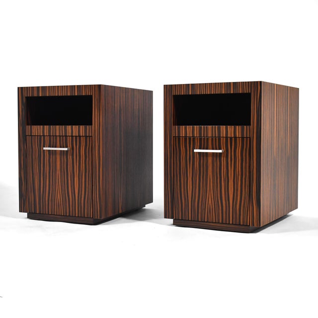 Contemporary Bespoke Nightstands in Zebra Wood (Pair) For Sale - Image 3 of 11