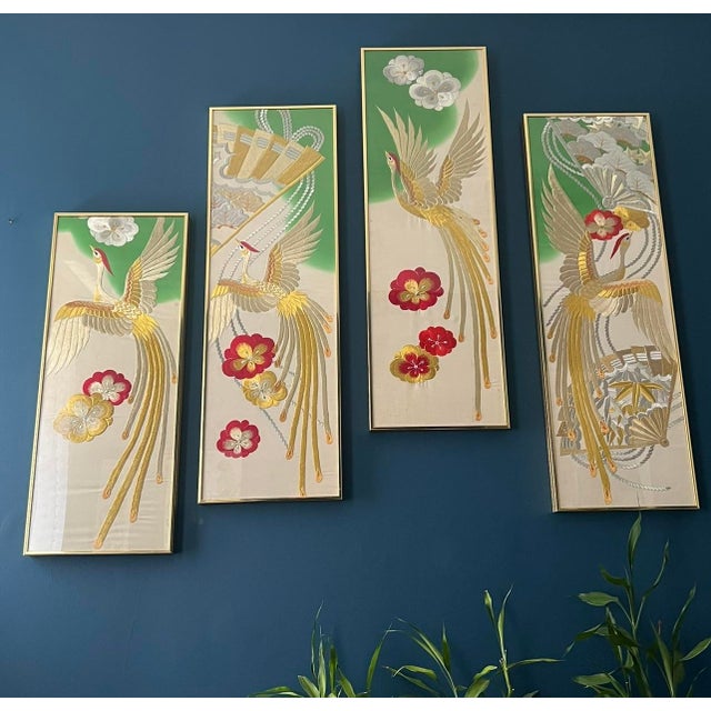 Japanese Kimono Silk Phoenix Embroidered Panels, Four-Panel Set, Mid 20th Century For Sale - Image 4 of 18