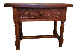 19th Century Spanish Baroque Carved Walnut End Table Nightstand Bench Stool