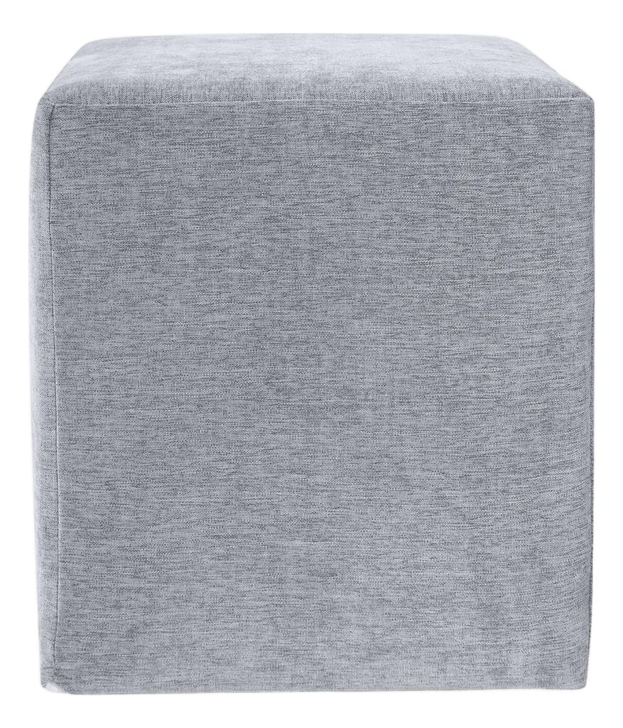 A grey upholstered cube shown from the front.