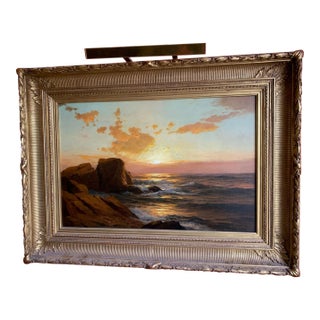 Late 19th Century "Sunset on the Rocks" American School Seascape Painting, Framed For Sale