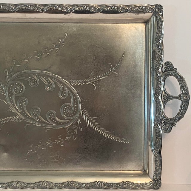 1900 - 1909 Antique Ornate Silver Plated Tray by Aurora S. P. Mfg. Co. 1869-1919 For Sale - Image 5 of 16