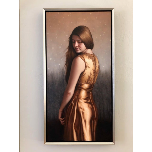 Paint Twilight by Beth Sistrunk | Oil on panel Portrait of a woman in a golden dress with a serene expression. For Sale - Image 7 of 10