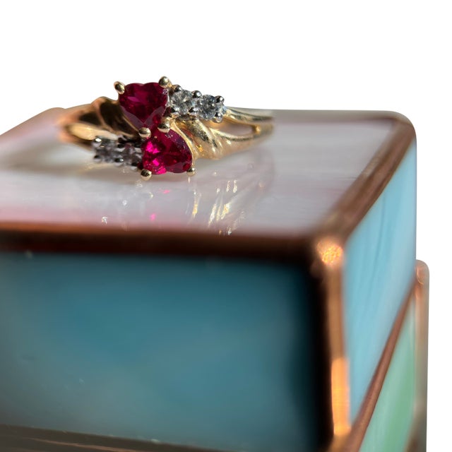 1970s Toi Et Moi Ruby Heart Ring in 10k Yellow Gold — Size 6.5 For Sale