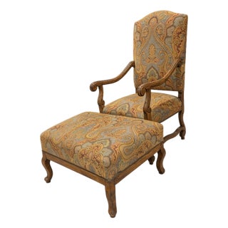 Guy Chaddock & Co. Westbourne Collection Carved Armchair and Ottoman in Paisley Tapestry With Nailhead Trim For Sale