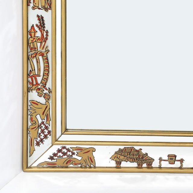 Mid-Century Modernist Eglomise & Giltwood Stylized Chinoiserie Bordered Mirror For Sale - Image 4 of 12