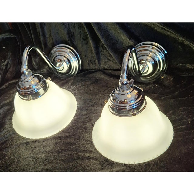 Vintage Wall Lamps with Chrome-Plated Metal Frame and White Glass Shade, 2001, Set of 2 For Sale - Image 3 of 9