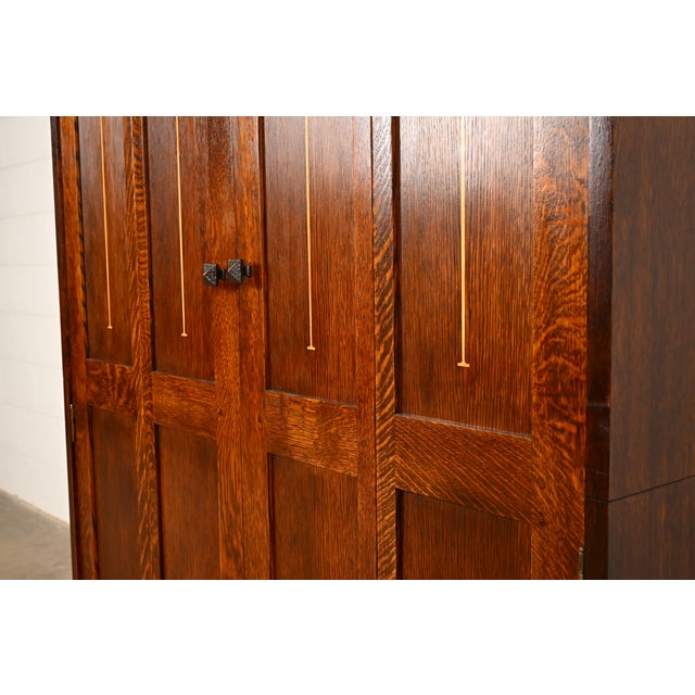 Stickley Harvey Ellis Collection Mission Arts & Crafts Inlaid Oak and Leaded Glass Armoire or Media Cabinet For Sale - Image 10 of 17