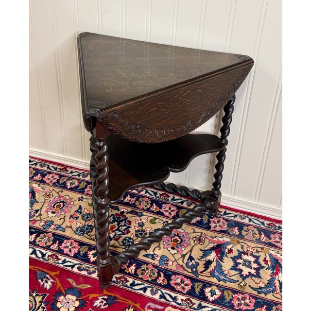 Antique English Envelope Barley Twist Drop Leaf Side Table Carved Oak C. 1900 For Sale In Dallas - Image 6 of 16