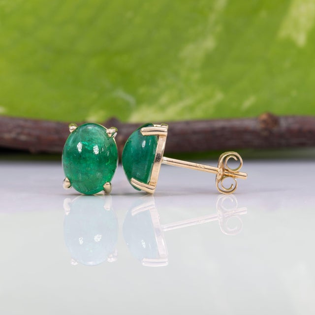 3.7Ct Zambian Emerald Cabochon Solitaire Stud Earrings in Solid 14k Gold, 9x7mm For Sale - Image 4 of 7