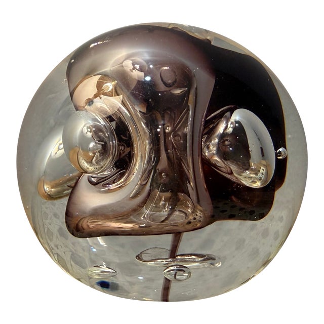 Late 20th Century Karg Art Glass Paperweight With Brown Swirls and Controlled Bubbles For Sale