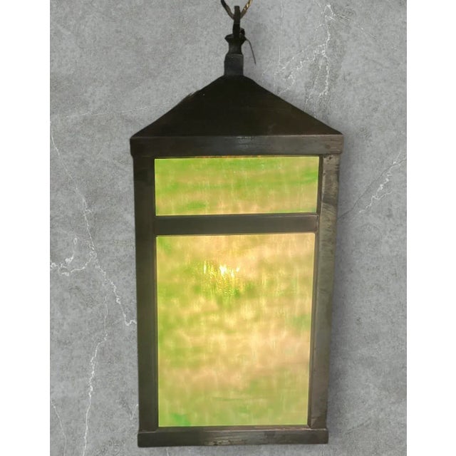 This simple Mission Pendant Light would be a beautiful addition to any foyer! Believed to be Cat’s Paw glass, the green...