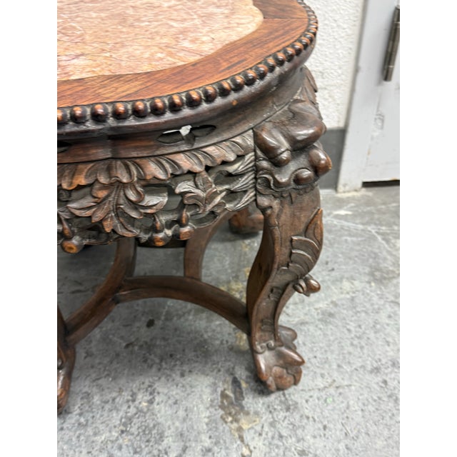 Antique Chinese Carved Rosewood + Marble Plant Stand For Sale - Image 4 of 12