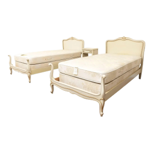 Vintage Drexel French Provincial Off-White Twin Beds, Pair With Nightstand