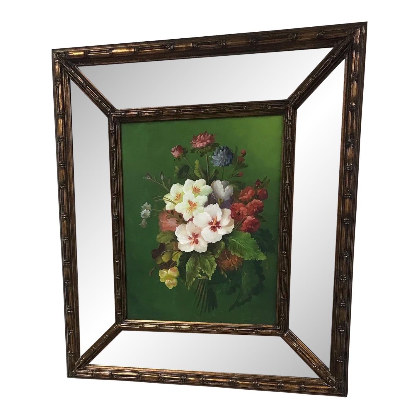 2000s Floral Oil Painting Framed With Beveled Mirrored Bamboo Style ...