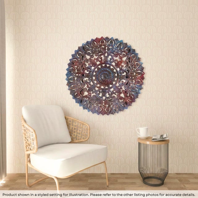 "Dimensions: 30" W x 2" D x 30" H Features: • 30 inch round wall panel • 100% solid wood construction • Hand carved by...