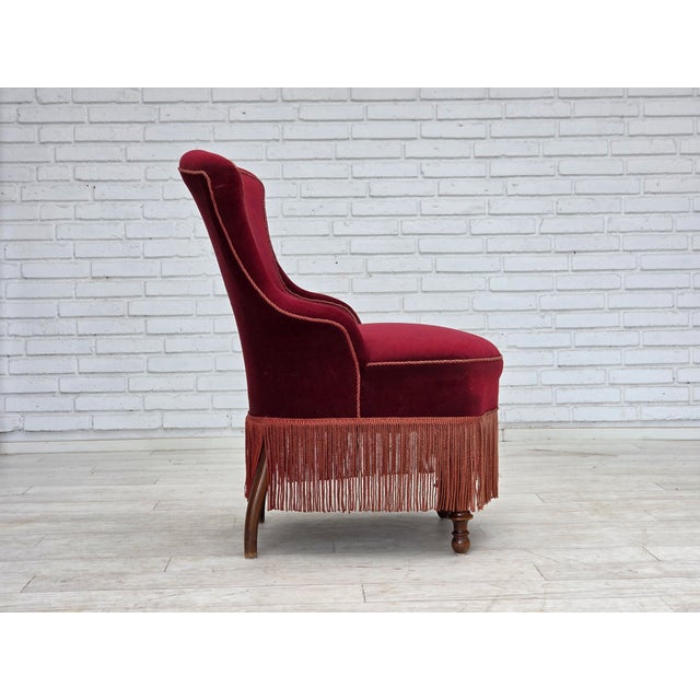 Danish Cocktail Lounge Chair in Cherry-Red Furniture Velour, 1950s For Sale - Image 9 of 17