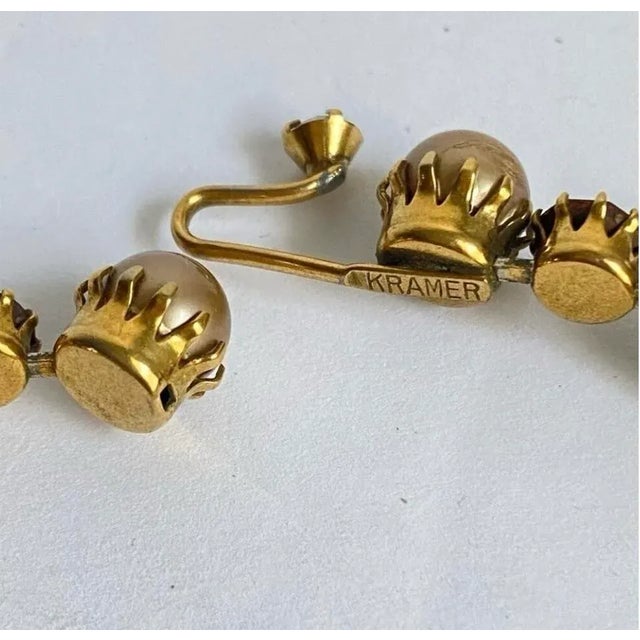 Kramer Necklace & Clip on Earrings Demi Parure Vintage 50s Pearl Rhinestone Aurora Borealis Crystal Signed For Sale - Image 12 of 12