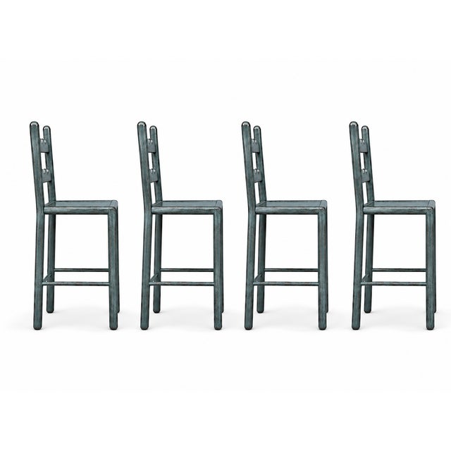 French Country Set of 4 Country French Counter Stools With Custom Antique French Blue Finish For Sale - Image 3 of 5
