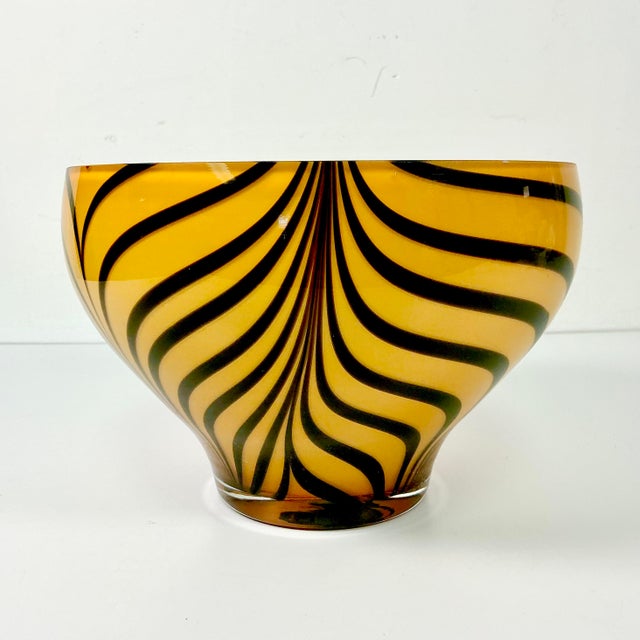 Hollywood Regency Mid-Century Hollywood Regency Boho Chic Polish Hand Blown Glass Tiger Striped Encased Bowl, Murano Style For Sale - Image 3 of 12