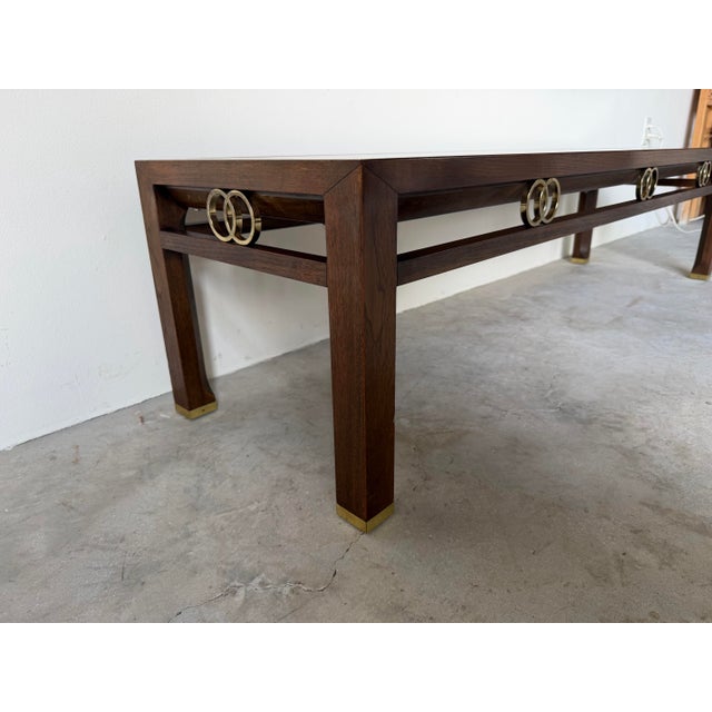 Hollywood Regency Michael Taylor for Baker Far East Collection Walnut Bench / Coffee Table With Brass Accents For Sale - Image 9 of 13