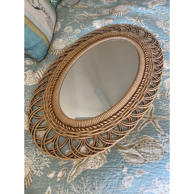 Glass Vintage Late 20th Century Mgm Boho Chic Faux Rattan Oval Wall Mirror For Sale - Image 7 of 9