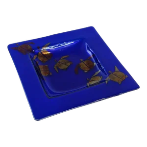 Vintage Trinket Dish Platter in Blue Glass With Gold Infused Sea-Turtles, Signed