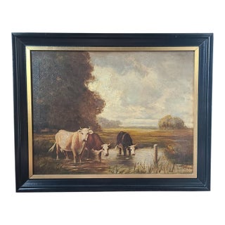 James T. Breen Antique 19th Century Oil Painting Moody Pastoral Landscape With Cows For Sale