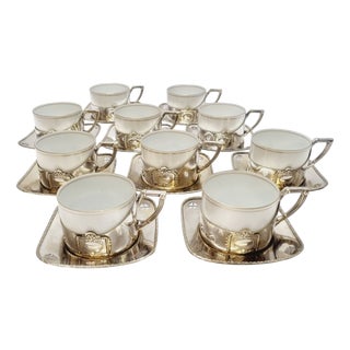 Art Deco Silver-Plated Argentor Tea Set with Karlsbad Porcelain Liners, 1930s, Set of 20 For Sale