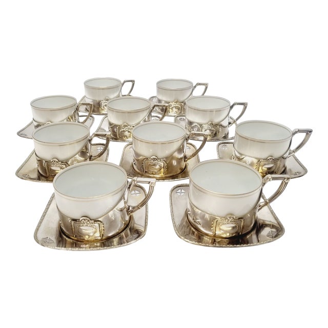 Art Deco Silver-Plated Argentor Tea Set with Karlsbad Porcelain Liners, 1930s, Set of 20 For Sale