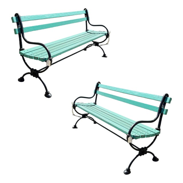 Late 19th Century Edwardian Cast Iron & Green Painted Wooden Loop Park Bench With X Legs, Pair For Sale