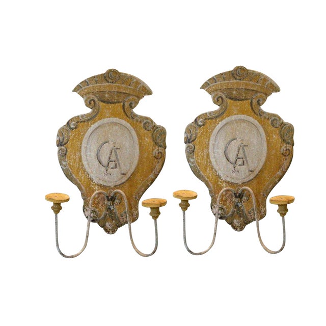Tuscan Hand Painted 2 Lite Wall Sconces From Siena Italy Featuring a Monogrammed Medallion - Pair For Sale