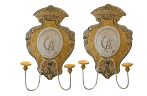 Tuscan Hand Painted 2 Lite Wall Sconces From Siena Italy Featuring a Monogrammed Medallion - Pair
