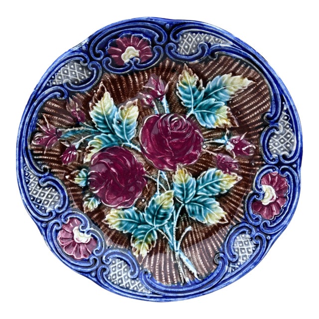 Majolica Roses Plate Wasmuel, Circa 1890 For Sale